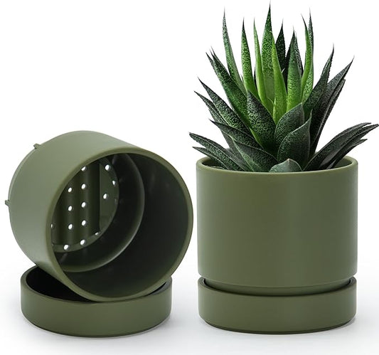 Phoenix Vine 4 Inch Planter Pot with Drainage Hole & Saucer, Deep Water Catch Tray, Straight Cylindrical Round Pot for Plants, Olive, Pack of 2, 23-F-R-2