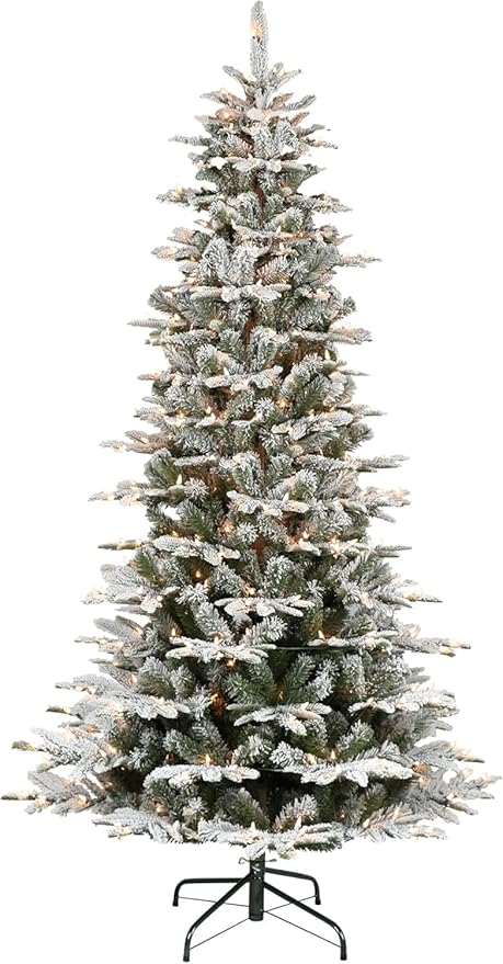 7.5 FT Snow Flocked Christmas Tree with 450 Warm Lights-8 Modes, Prelit Christmas Trees with Pine Cone & Gloves, Metal Folding Stand, Full Artificial Xmars Tree for Home Decor, Norway Spruce, Green