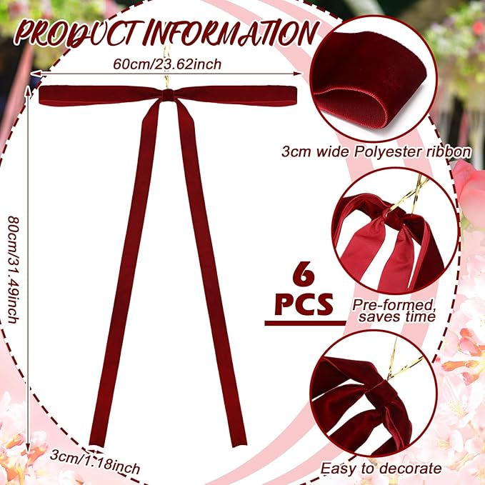 Janinka 6 Pcs Burgundy Large Velvet Christmas Swag Bow 31.5 x 23.6 inch Vintage Christmas Ornament Wine Red Rustic Velvet Staircase Wreath Bows Xmas Tree Topper Bows Large Bow for Outdoor