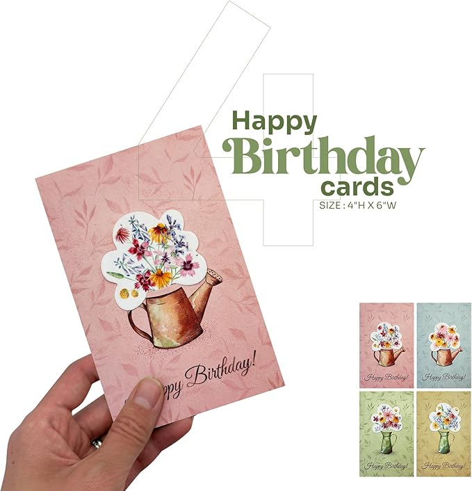 Seed Paper Birthday Cards – 4 Plantable Bouquet Inserts with Wildflower Seeds, 4 Greeting Cards & Envelopes, Unique Gift for Birthdays & Special Occasions