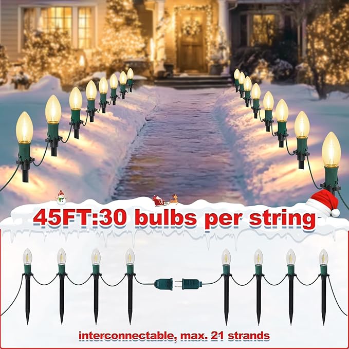 45Ft C9 30 Led Bulbs Christmas Pathway Lights Outdoor, Warm White Waterproof Connectable Christmas Walkway Lights for Driveway, Yard, Lawn, Sidewalk Decorations