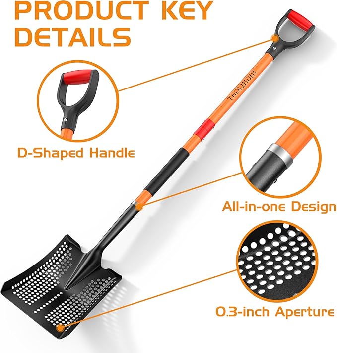 HIGHLIGHT Sifting Shovel, Heavy Duty Metal Sand Sifter for Beach, 45" Long Sifter Shovel for Beach Fun, Chicken Coop, Farm Goat Stall Sand Poop Cleaning, with Ergonomic D-Grip Handle