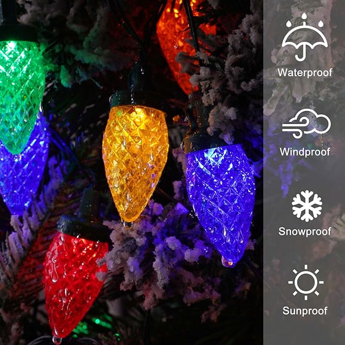 Brightever C9 Christmas String Lights, 35FT 50LED Battery Operated Outdoor Christmas Lights with Timer & 8 Lighting Modes, Waterproof Strawberry Light for Indoor Outdoor Xmas Decor, Multicolor, 1-Pack