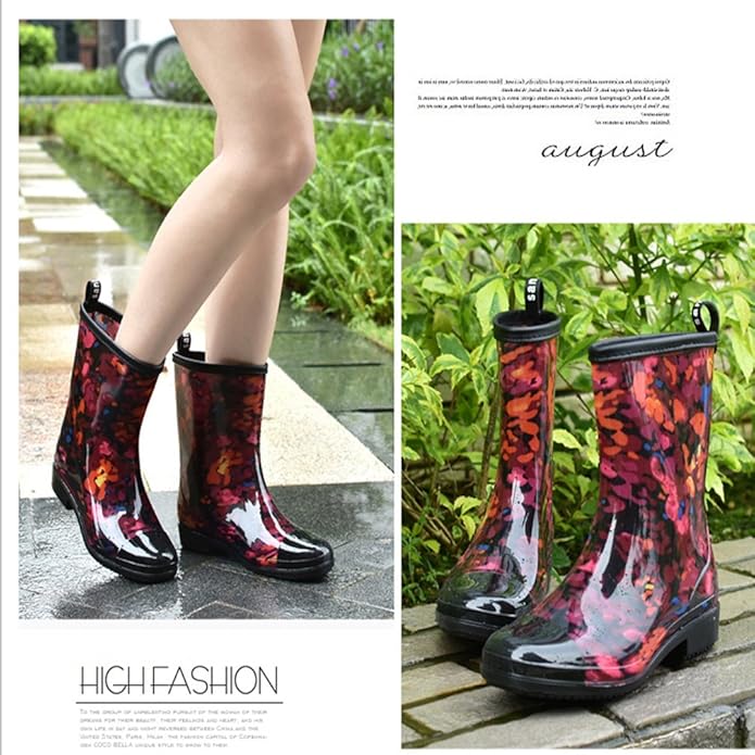 Women Half Calf Rubber Rainboots Leopard gerbera Red Floral Printed Waterproof Rubber Garden rain footwear