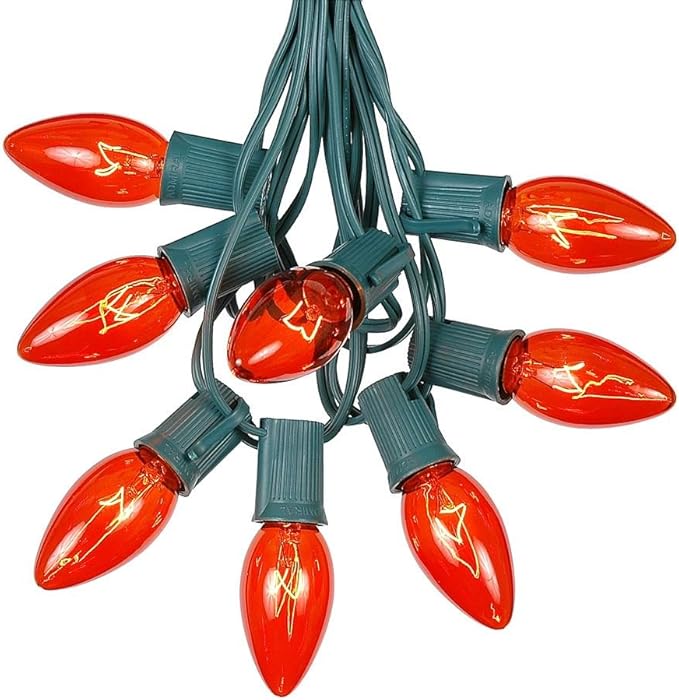 C9 Orange Christmas Light Set - Outdoor Roofline & Patio String Lights - 25 Foot Green Wire