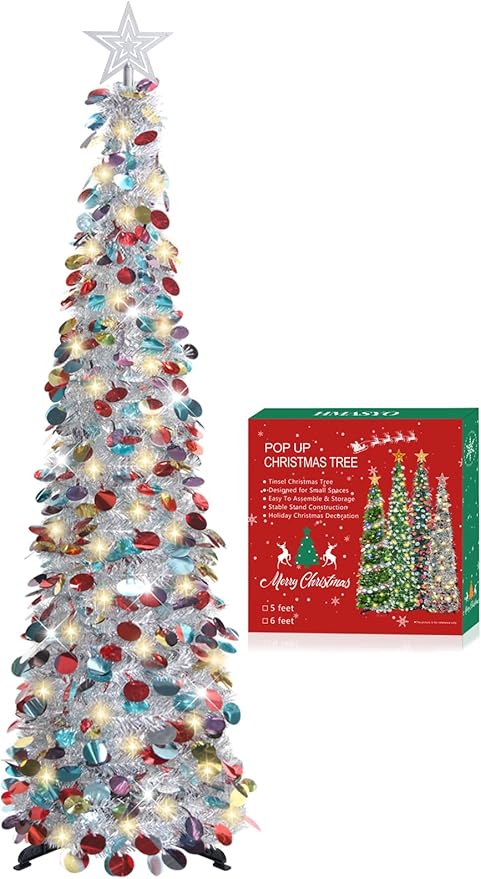 HMASYO 5 FT Pop Up Christmas Tree with Timer Lights, Silver Christmas Tinsel Tree, Collapsible Artificial Pencil Christmas Tree for Indoor Home Apartment Porch Holiday Party Decorations
