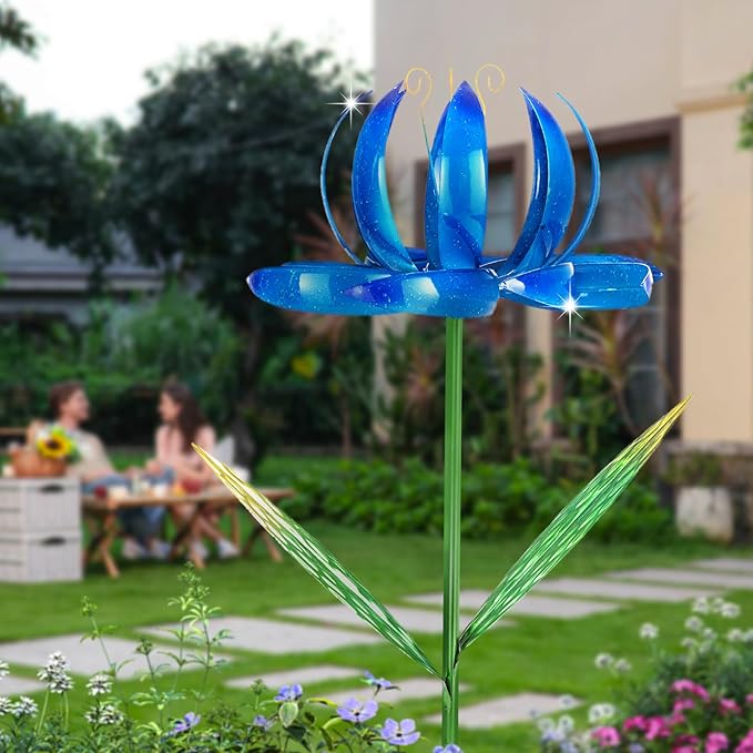 Wind Spinners Outdoor Garden Decor, 47 inch Metal Wind Sculptures Garden Gifts for Mom, Lotus Flower Windmills for Yard Backyard Lawn Decorations