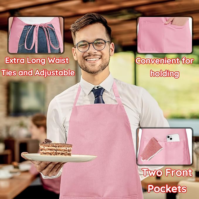 4 Packs Chef Apron with 2 Pockets, Waterproof Adjustable Apron for Men Women Perfect for Kitchen Cooking Baking Gardening Restaurant BBQ Coffee House, Professional Apron (Pink)