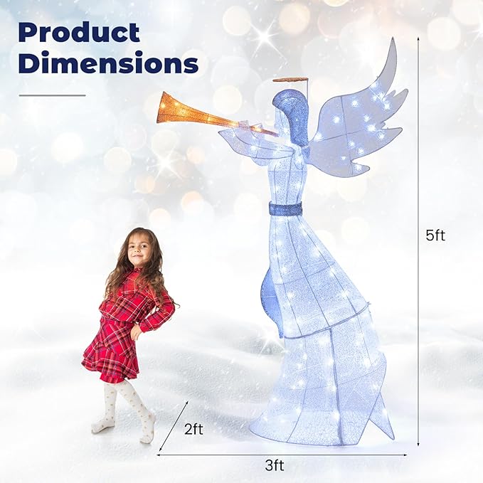 Tangkula 5 FT Christmas Angel with Trumpet, Outdoor Xmas Pre-Lit Angel with Halo, Wings & 100 LED Lights, Ground Stakes & Zip Ties Included, Lighted Winged Holiday Figure for Home, Yard