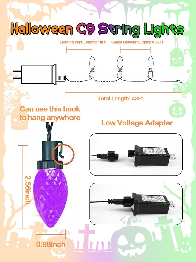 2-Pack C9 Halloween String Lights Plug in, 66 FT 100 LED Halloween Lights Connectable with 8 Modes & Timer, Waterproof Fairy Twinkle Light Indoor Outdoor for Tree Yard Decor (Orange Purple and Green)