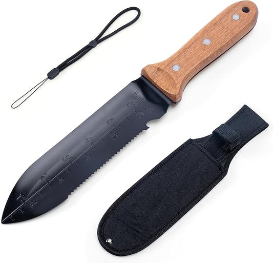 YANG Hori Hori Garden Knife, 7" Stainless Steel Gardening Knife with Oxford Cloth Sheath, Full Tang Beechwood Handle EDC Garden Tool for Digging, Planting & Weeding, Pointed Tip for Hard Soil