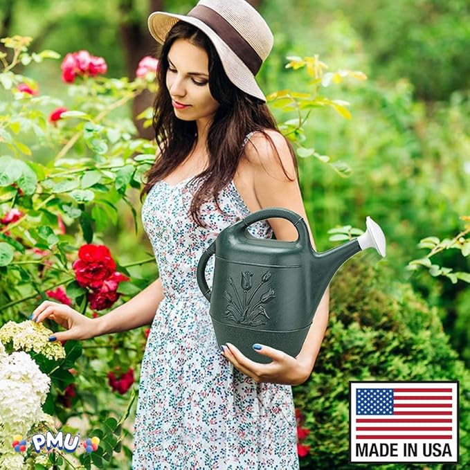 PMU 2 Gallon Watering Can - Garden Watering Can for Indoor & Outdoor Plants - Plastic Water Can with Detachable Sprinkler Head - Large Water Pot, Made in USA - Hunter Green Pkg/3