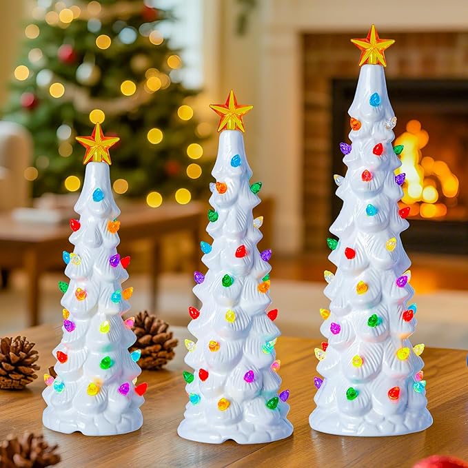 Brightown Lighted Ceramic Christmas Tree Set of 3, Pre-Lit Hand-Painted Tabletop Christmas Tree with Multicolored LED Lights, Battery Operated Vintage Ceramic Tree for Home Table Holiday Decor, White