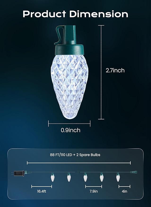 C9 LED Christmas Lights Outdoor, 72 FT 110 LED C9 String Lights, 8 Modes & Timer Connectable Waterproof for Christmas Tree Light Indoor Outdoor Roofline Patio Garden Yard Xmas Decoration, White 2 Pack