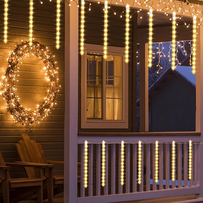 24 Tubes Meteor Shower Lights, Outdoor Icicles Christmas Decor, 12 Inch 864 LED Snow Falling Connectable Raindrop Lights, Xmas Wedding Party Tree Holiday Decoration, Warm White