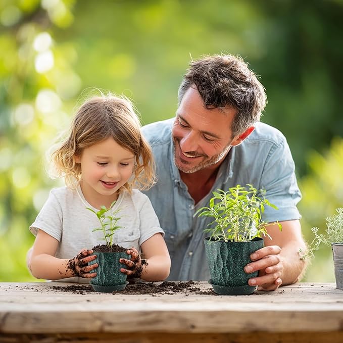 7/6.5/6/5.5/5/4.5/4 inch Plant Pots for Indoor Outdoor Plants, 7 Pack Thick Flower Pots with Drainage Holes and Saucers, Wave Texture Plastic Planters Nursery Pots, Black with Green Speckles