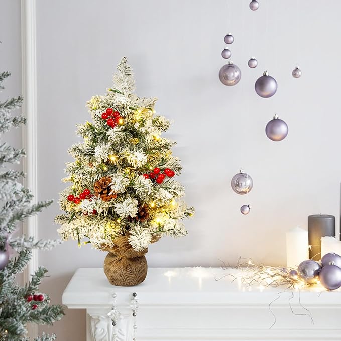 Uten Christmas Tree Flocking Snow Small Pine Cones/red Fruits, 40 LED Waterproof Battery Box with Cement Base Mini Christmas Tree Decorations for Home, Office, Party