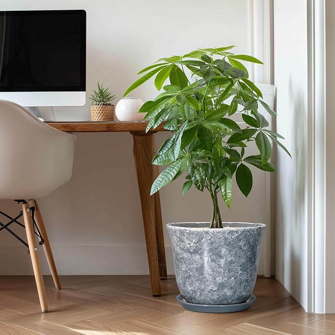 Ceramic Plant Pots - 12 Inch Plant Pot with Drainage Hole and Saucer, Round Planter for Indoor Outdoor, Modern Decorative Planters, Large Flower Pots, Home Decor, Housewarming Gifts, Grey