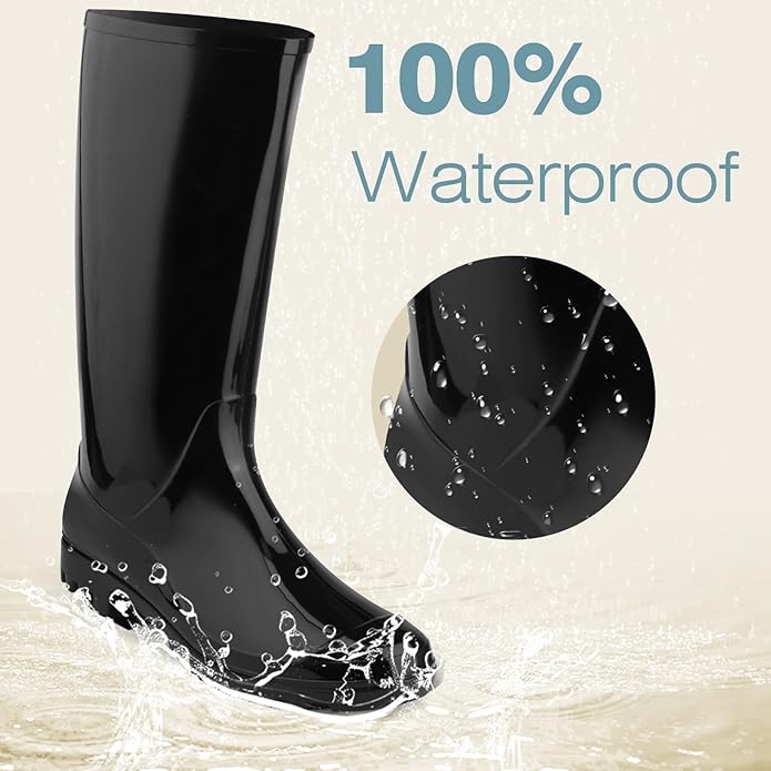 DaeRainy Tall Rain Boots for Women, Knee High Waterproof Slip On Garden Boots