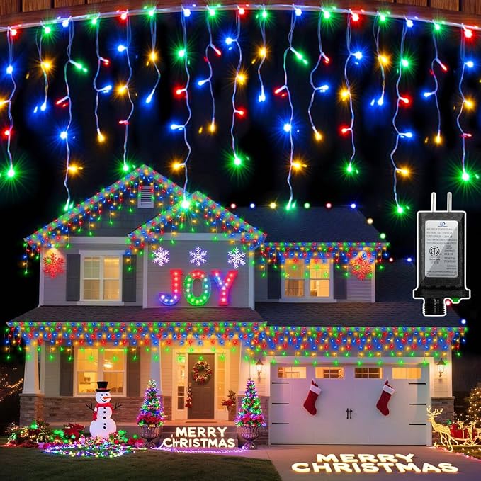 612 LED Christmas Lights with 136 Drops, 60ft 12 Modes Hanging ice String Lights with Timer & Dimmable & Waterproof, Plug-in Fairy Lights for Tree Holiday Wedding Party Christmas Decor Multicolor