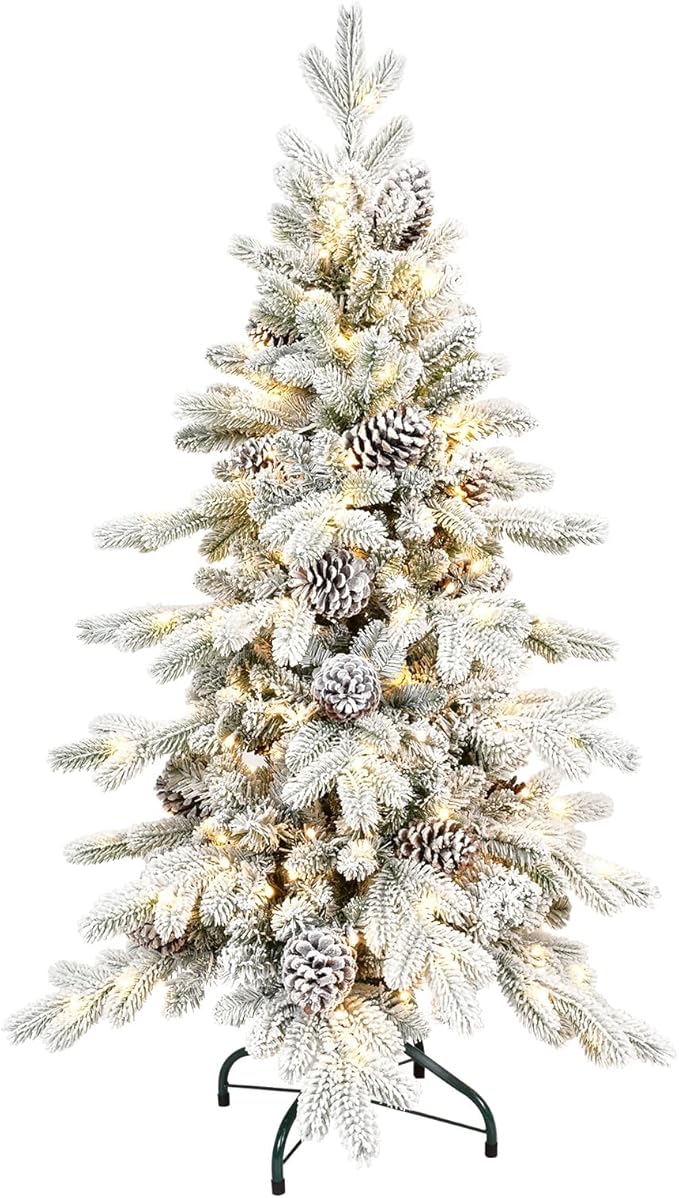 5 FT Pre-Lit Snow Flocked Slim Fir Christmas Tree with 671 PE & PVC Mixed Branch Tips,Artificial Skinny Pencil Xmas Tree with 450 Warm-White Lights & 25 Pine Cones,Hinged Pine Tree with Metal Stand