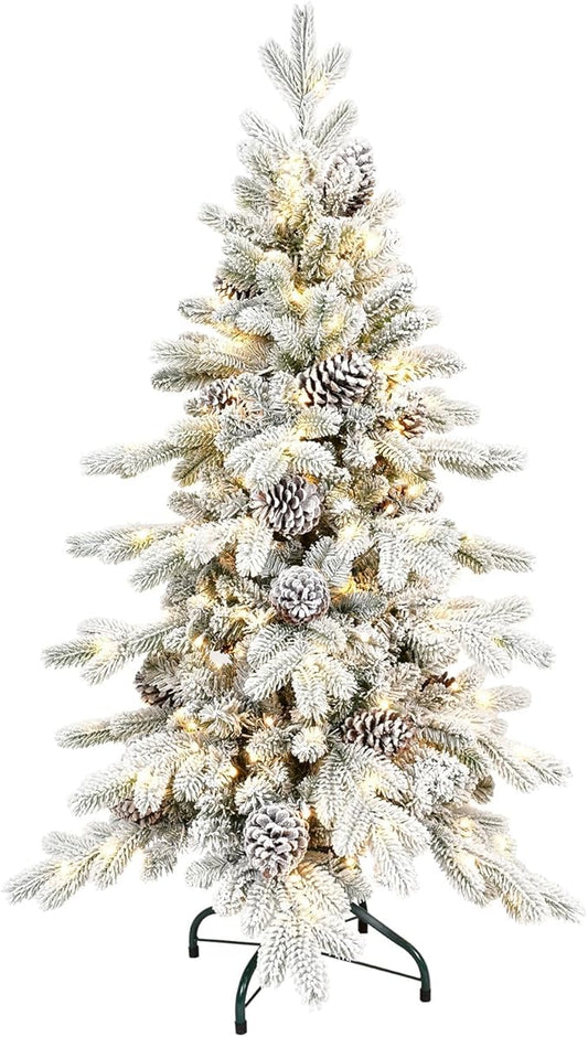 5 FT Pre-Lit Snow Flocked Slim Fir Christmas Tree with 671 PE & PVC Mixed Branch Tips,Artificial Skinny Pencil Xmas Tree with 450 Warm-White Lights & 25 Pine Cones,Hinged Pine Tree with Metal Stand