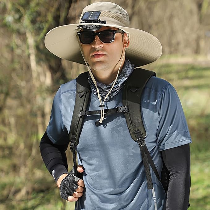 Solar Fan Hat, Wide Brim Sun Hat with 2 Solar Fan Large, USB UPF 50+ Fishing Cap with Fans Built in for Men Women