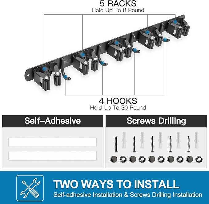 IMILLET 2 Pack Broom and Mop Holder Wall Mounted, Broom Holder Stainless Steel Broom Organizer Heavy Duty Tools Organizer Self Adhesive for Laundry Room Garage Garden（5 Racks and 4 Hooks）