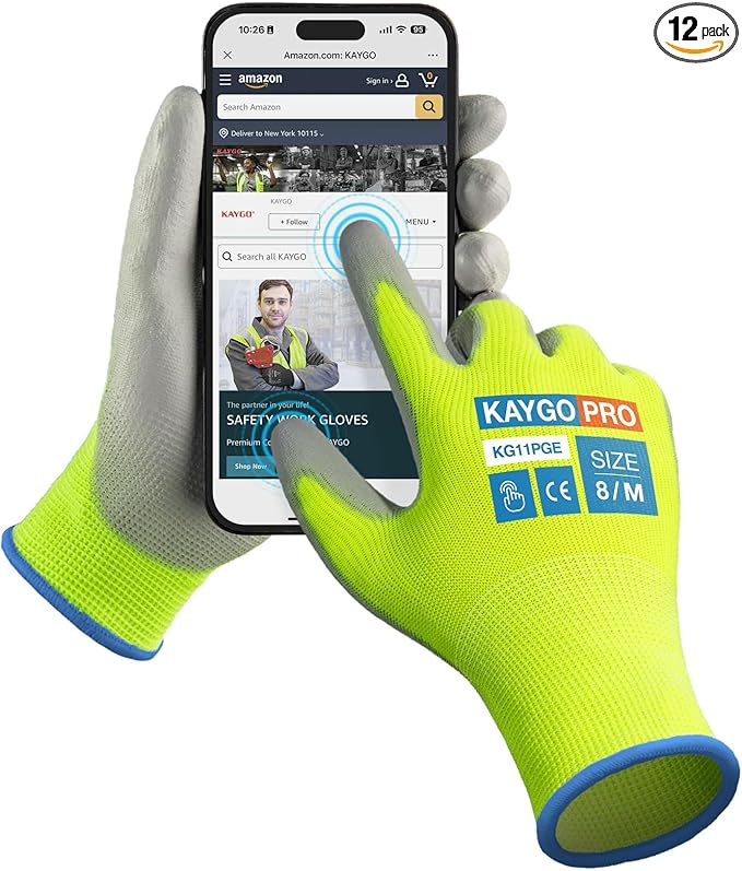 KAYGO Safety Work Gloves PU Coated for Men and Women- KG11P,12 Pairs,Seamless Knit Glove with Two Fingers Touchscreen,Ideal for General Duty Work (Green,M)