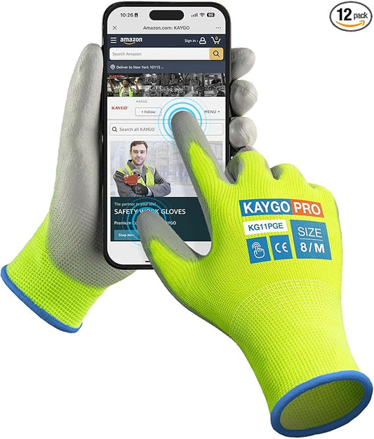 KAYGO Safety Work Gloves PU Coated for Men and Women- KG11P,12 Pairs,Seamless Knit Glove with Two Fingers Touchscreen,Ideal for General Duty Work (Green,M)