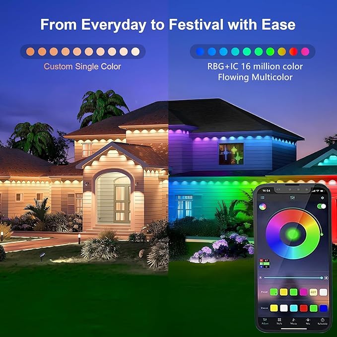 Permanent Outdoor Lights,150ft RGB + IC Smart LED Eaves Lights with App & Remote Control, IP67 Waterproof,for Christmas and All Holiday Decor,Daily and Accent Lighting,House Roof and Garden Lighting
