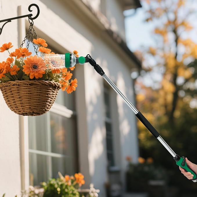 Telescoping Watering Wand for Garden Hose, 36”-54” Adjustable, 10 Spray Patterns, Heavy-Duty Hose Nozzle with Thumb Control & Pivoting Head, Ideal for Hanging Baskets and Shrubs, Green