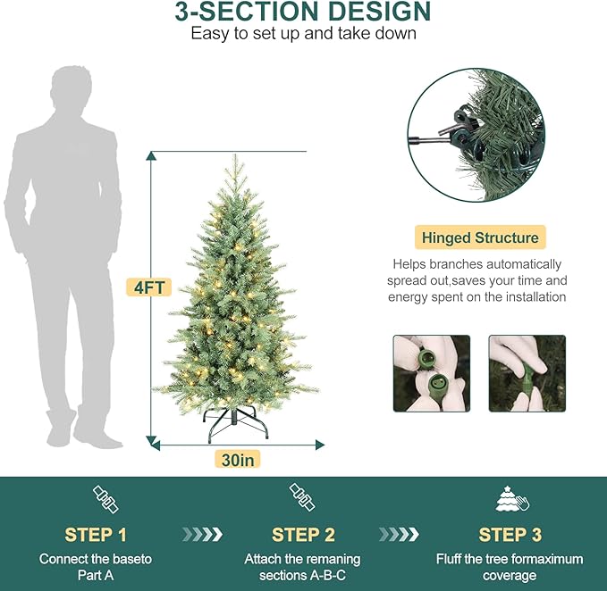 4 FT Prelit Artificial Skinny Christmas Tree,Blue Spruce Slim Pencil Xmas Tree with 566 PE&PVC Mixed Branch Tips and 130 UL Listed Clear Lights,Hinged Pine Tree with Metal Stand for Home Office Décor