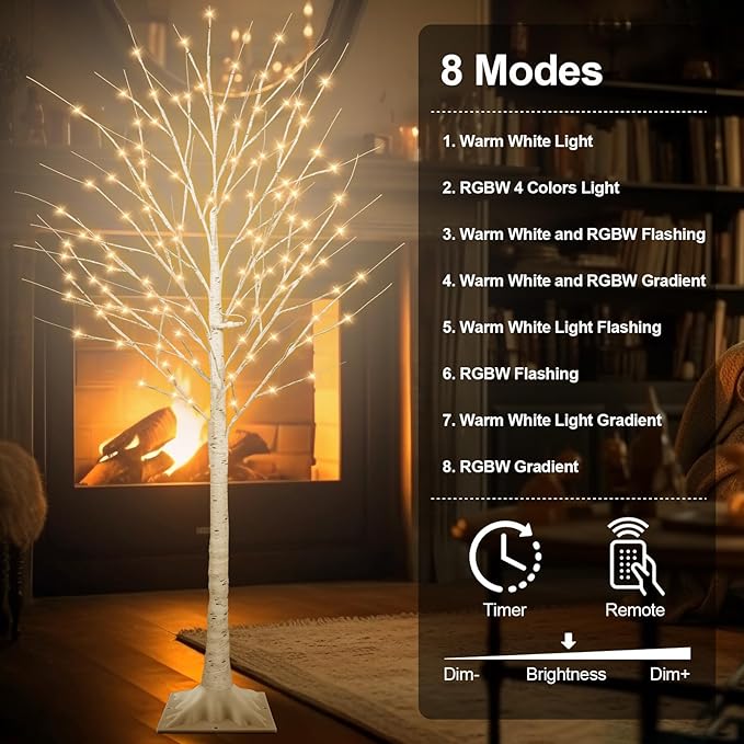 6FT Lighted Birch Tree with 130 LED Warm White and Multicolor Lights, 8 Modes, Timer Remote Faux Light Up Twig Christmas Tree for Indoor Outdoor Xmas Holiday Party Garden Decoration (2 Pack)