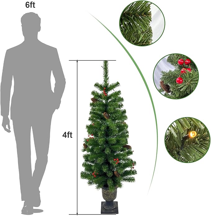 4FT Artificial Potted Christmas Tree with Lights, Pre-lit Mini Christmas Tree with 50 LED Lights, Small Fake Spruce Tree with 140 Branch Tips, Pine Cones&Red Berries, Battery Operated
