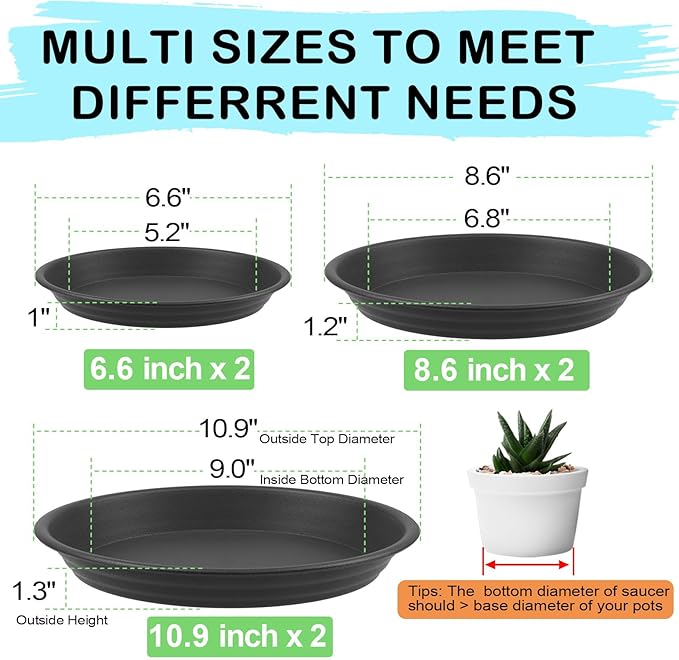 6 Pcs Plastic Plant Saucer 6 8 10 inch Assorted Sizes, Thick Multi Size Pack Plant Tray for Pots Indoors Potted Plant Water Catcher Tray Flower Planter Base Drainage Drip Dish Plate Outdoor