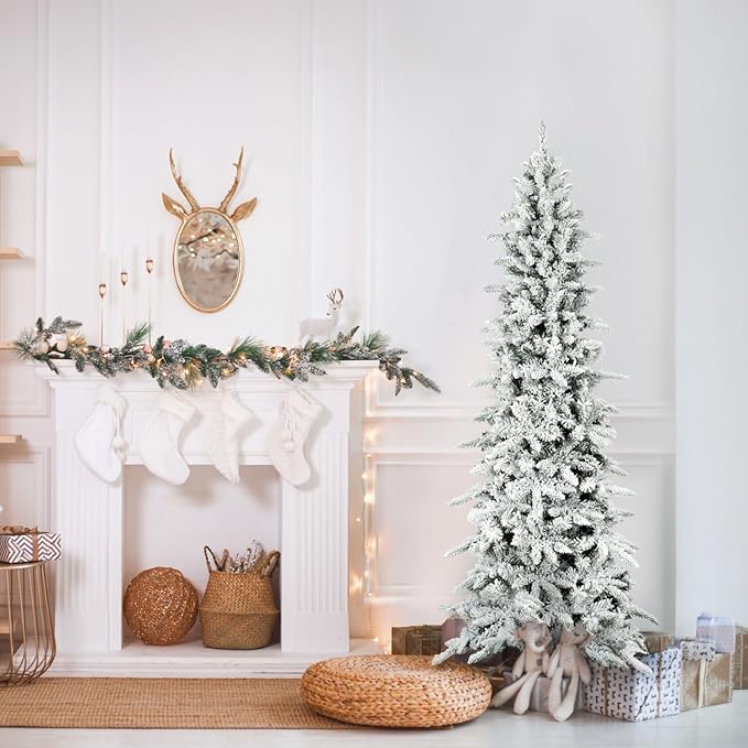 Fraser Hill Farm 6.5-Ft Slim Mountain Pine Flocked Artificial Christmas Tree with Stand, Unlit Foldable Skinny Fake Tree with Realistic Snowy Foliage, Holiday Décor Greenery for Winter Decoration