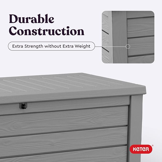 Keter Westwood 150 Gallon Resin Large Outdoor Storage Box for Patio Furniture, Outdoor Cushions, Garden Tools and Pool Floats, Light Grey