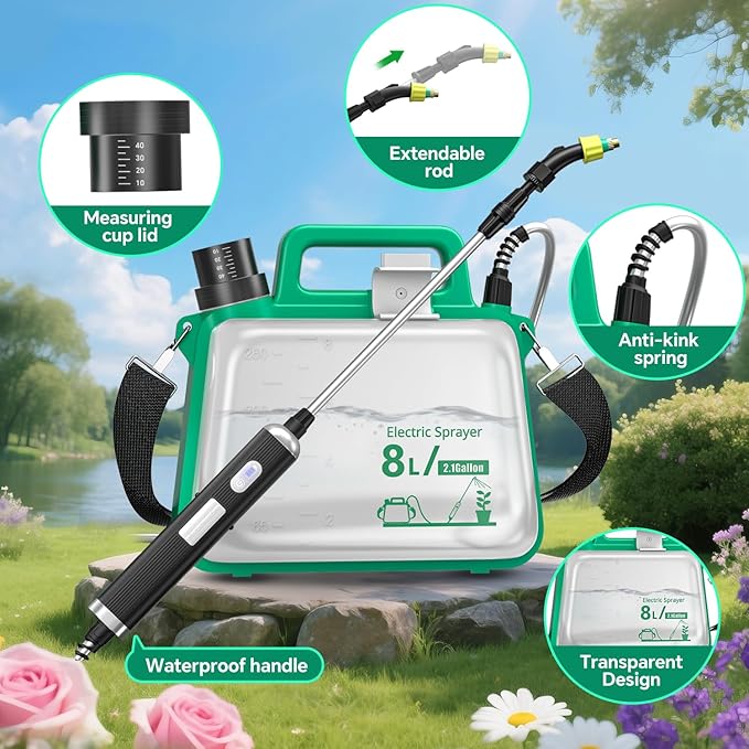 Battery Powered Sprayer 2.1 Gallon,2025 New Electric Garden Sprayer with USB Rechargeable Handle,3 Mist Nozzles, Retractable Wand, Adjustable Shoulder Strap,Weed Sprayers in Lawn & Garden