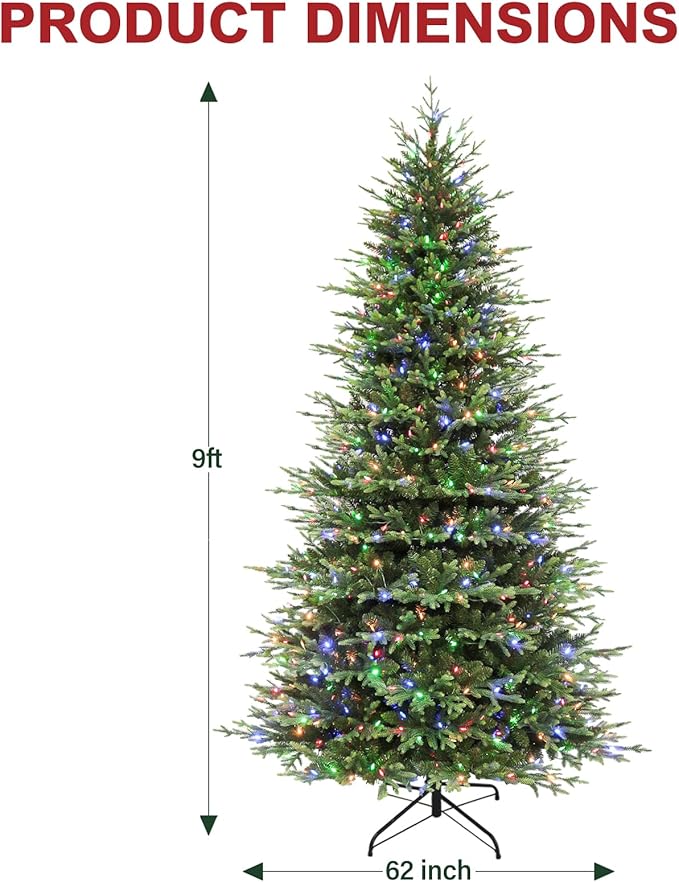 Hykolity 9ft Pre-lit Artificial Christmas Tree, 600 Color Changing LED Lights, 5149 PE&PVC Realistic Branch Tips, Metal Stand and Hinged Branches, 10 Modes
