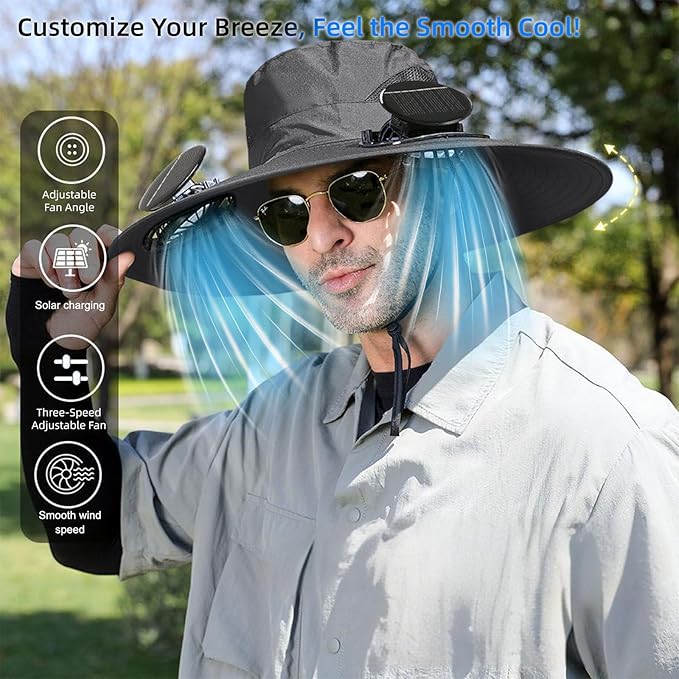 Solar Fan Hat Wide Edge Outdoor, Waterproof Solar Powered Fan Hat with 2 Solar Fan for Men Women, Lightweight Cooling Hats with Detachable and 3-Speed Adjustable Solar Fan Black