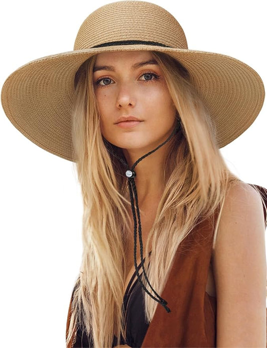 Senker Fashion Sun Hats for Women, Wind Lanyard Wide Brim Straw Hat for Summer Beach Garden Vacation Foldable UPF 50+