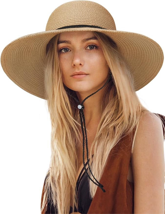 Senker Fashion Sun Hats for Women, Wind Lanyard Wide Brim Straw Hat for Summer Beach Garden Vacation Foldable UPF 50+