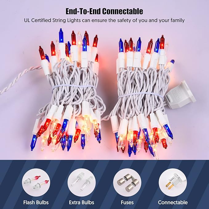 4th of July Decorations Patriotic Lights 100 Count Mini Red White Blue Incandescent Bulb Plug in Independence Day Lights for Indoor Outdoor Home Garden Patriotic Theme Memorial Day Decorations