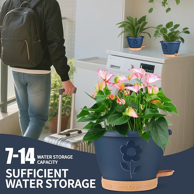 Plastic Plant Pots 10 Inch Set of 4, Self Watering Pots with Drainage Holes, Saucer & Reservoir, Flower Pots for Indoor/Outdoor Plants, Decorative Nursery Planting Pots (Blue)