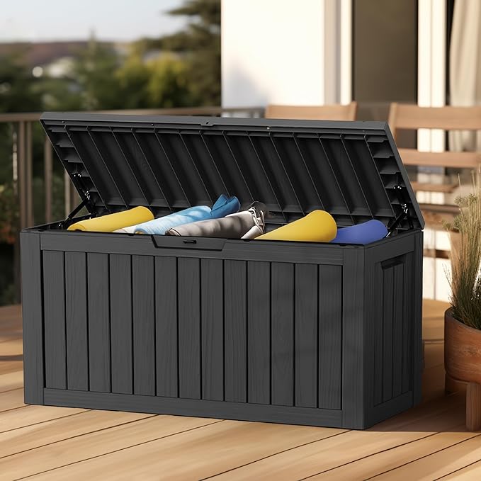 80 Gallon Outdoor Deck Box,Storage Lockable Waterproof Patio Furniture,Garden Tools,Cushions,Pool Accessories Outside Storage Resin Box(Black)