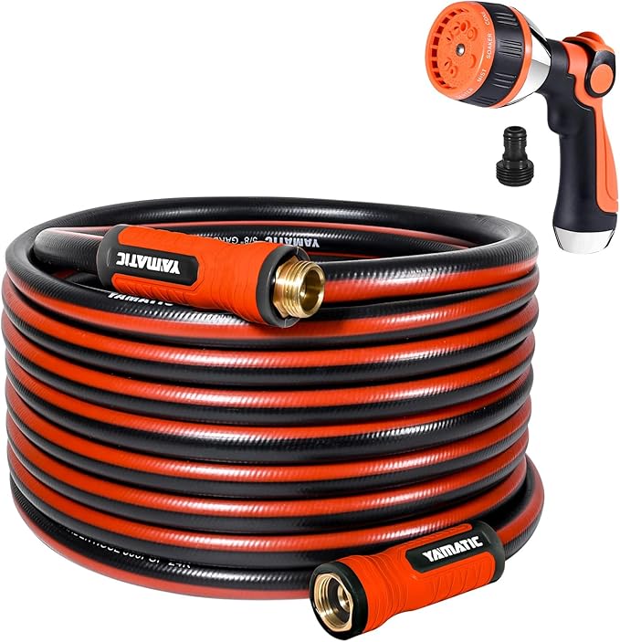 YAMATIC Garden Hose 50ft x 5/8in, Durable Water Hose with 10 Function Hose Nozzle, Swivel Handle, Kinkless, Leakproof, 3/4" Solid Brass Connections for Backyard Lawn Car Wash