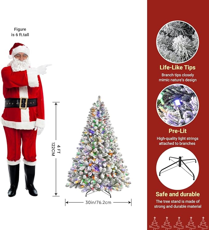 SHareconn 4ft Pre-Lit Flocked Spruce Artificial Hinged Christmas Tree with Remote, Timer and 170 Warm White & Multi-Color Lights, 414 Branch Tips, Perfect Choice for Xmas Decoration, 4 FT, White