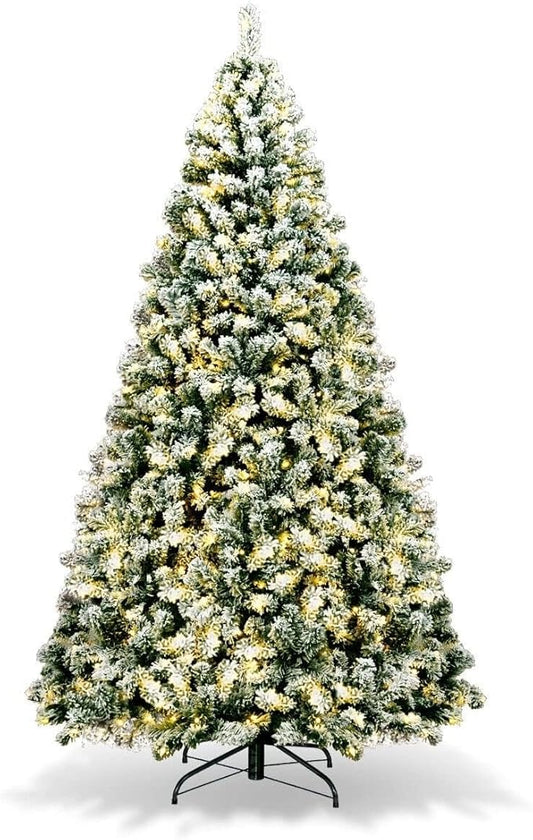 HAPPYGRILL 7.5FT Pre-lit Artificial Christmas Tree Hinged Snow Flocked Christmas Pine Tree with Solid Metal Stand Flexible Branches Traditional Festival Decoration Tree