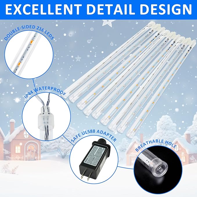 2-Pack Extendable Meteor Shower Christmas Lights Outdoor, 16 Tubes 384 LEDs Waterproof Falling Rain String Lights, Christmas String Lights Outdoor for Tree Garden Patio Holiday Decorations (Blue)